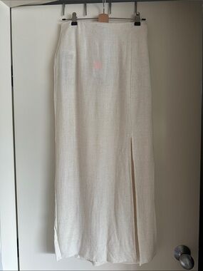 Cream Linen Maxi Skirt with Front Slit